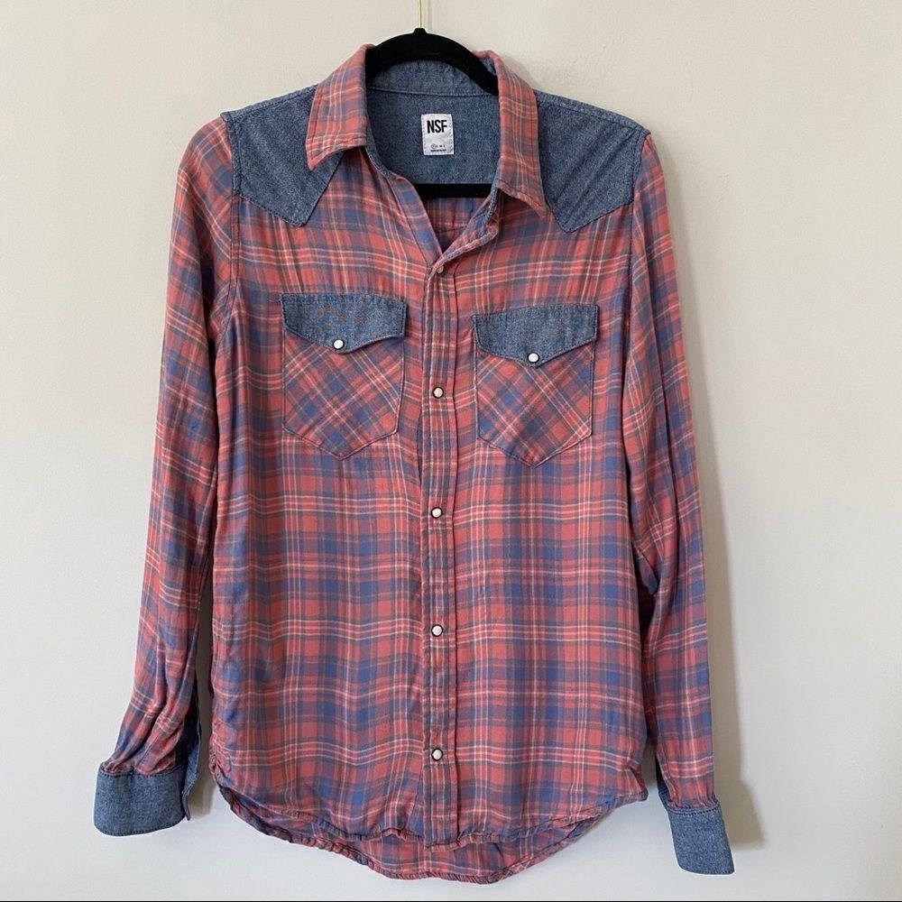 NSF Plaid Two Tone Pearl Button Down Shirt - Picture 1 of 9